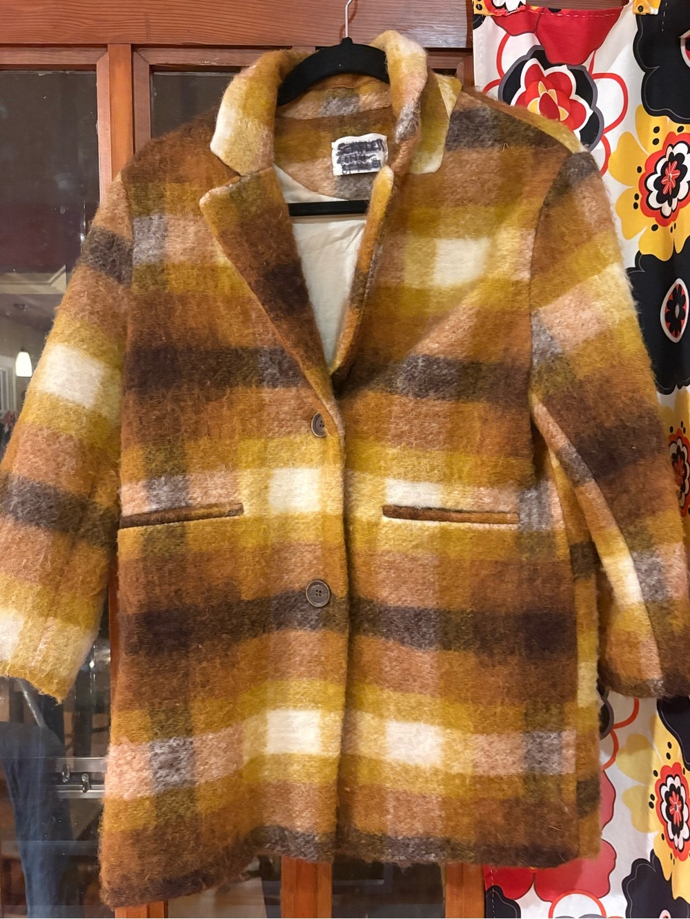 Zara Girls' Plaid Pea Coat in Mustard, Brown & Cream